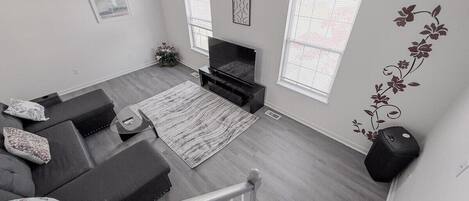 Una sala moderna con un conjunto de sofás, un televisor de pantalla plana y una planta decorativa.