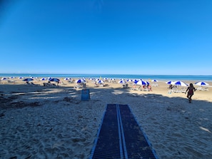 A beach with rows of blue and white umbrellas, a clear sky, and a sandy walkway leading to the water. - HIBISCUS DELIGHTS @ APARTMENT 19 - a lovely apartment in the heart of town. (Port Douglas)