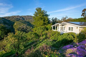 A house surrounded by lush greenery and hills.