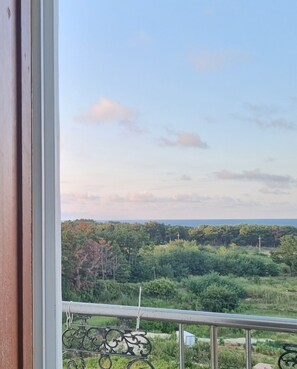 A balcony with a metal railing overlooking a landscape with trees and a distant horizon.