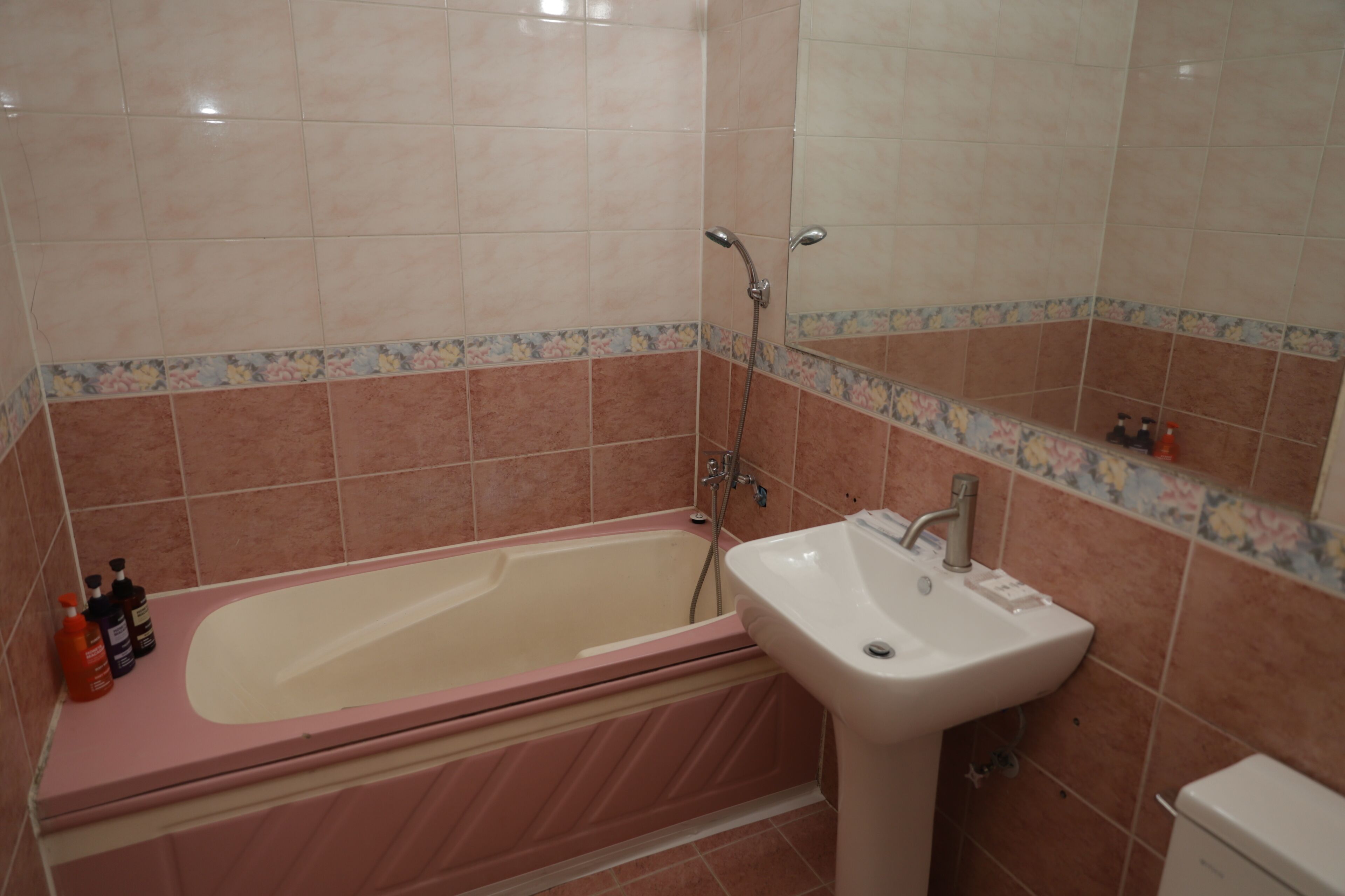 Un bany amb banyera, un lavabo i plat de dutxa.