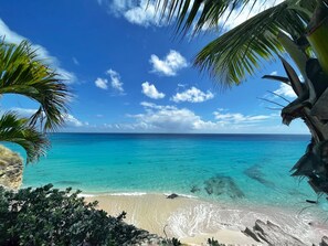 Ein Strand mit klarem türkisblauem Wasser, Palmen und blauem Himmel.