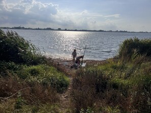 A natural landscape with a body of water, vegetation, and a distant wind turbine.