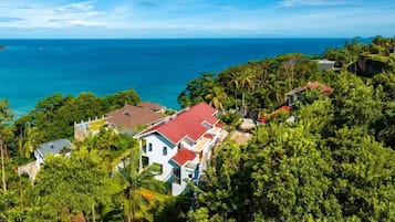 A coastal residential area with houses surrounded by lush greenery and a view of the ocean.