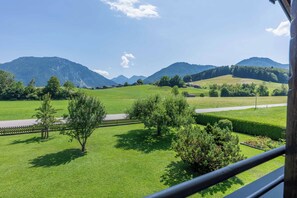 Ein Blick auf eine grüne Landschaft mit einer Straße, Bäumen und Bergen im Hintergrund.