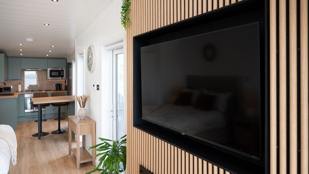 A modern bedroom with a large TV mounted on the wall, a bed with pillows, a small wooden table, and a potted plant. - Barlocco -  a lodge that sleeps 2 guests  in 1 bedroom (Isles of Fleet Retreat, Gatehouse of Fleet)