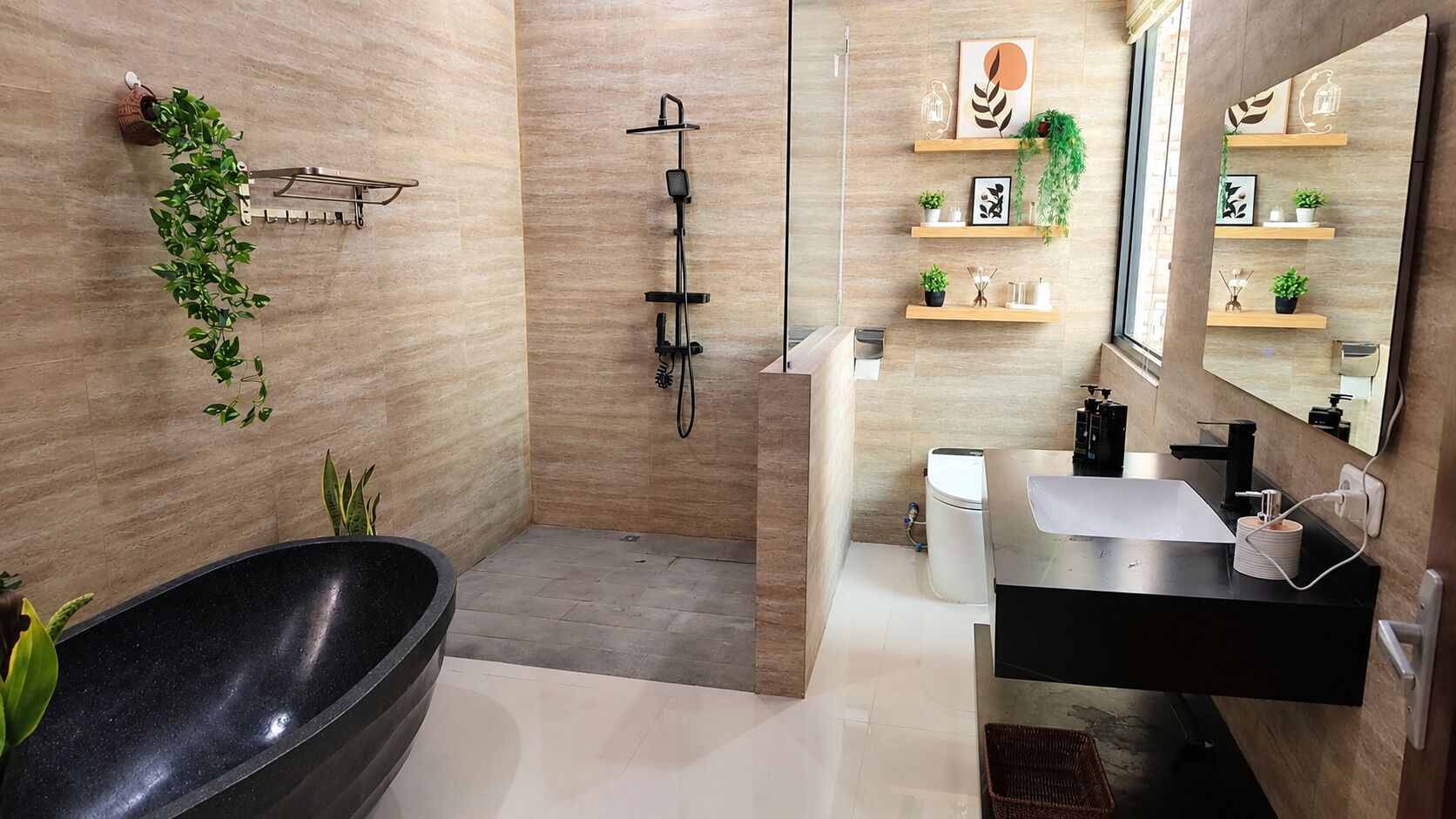 A modern bathroom with a freestanding bathtub, a shower, and a vanity with a mirror.