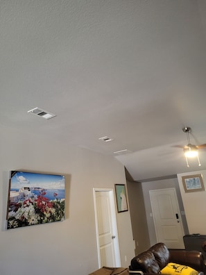 Ein Wohnzimmer mit Deckenventilator, einer Tür und einem gerahmten Bild an der Wand.