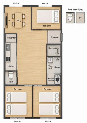 Een plattegrond van een hotelkamer met een eethoek, twee slaapkamers, een keuken, een badkamer en een televisie.