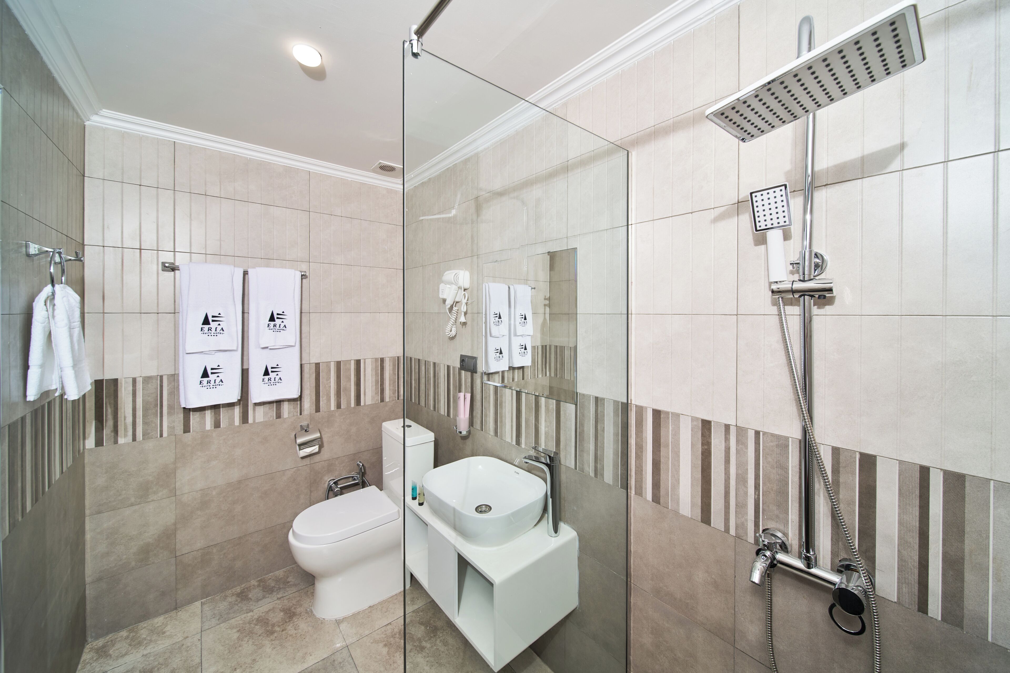 A modern bathroom with a glass shower enclosure, a toilet, and a sink.