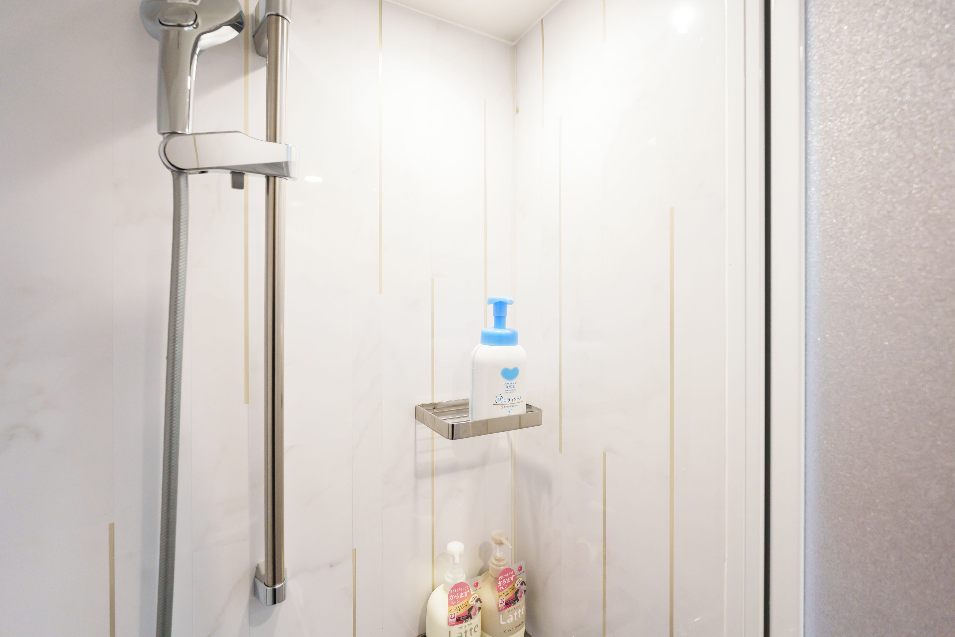 A shower area with a handheld showerhead, a soap dispenser, and two bottles of shampoo.