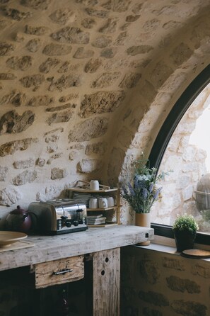 A rustic stone interior with a wooden counter, a radio, and a potted plant. - Stone house with a pool just outside Uzès (Garrigues-Sainte-Eulalie)