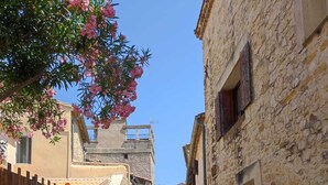 A narrow street with stone buildings on either side, a clear sky, and an arrow on the road indicating direction. - Stone house with a pool just outside Uzès (Garrigues-Sainte-Eulalie)