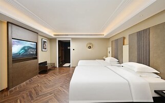 Una habitación de hotel con una cama grande, un televisor y un armario.
