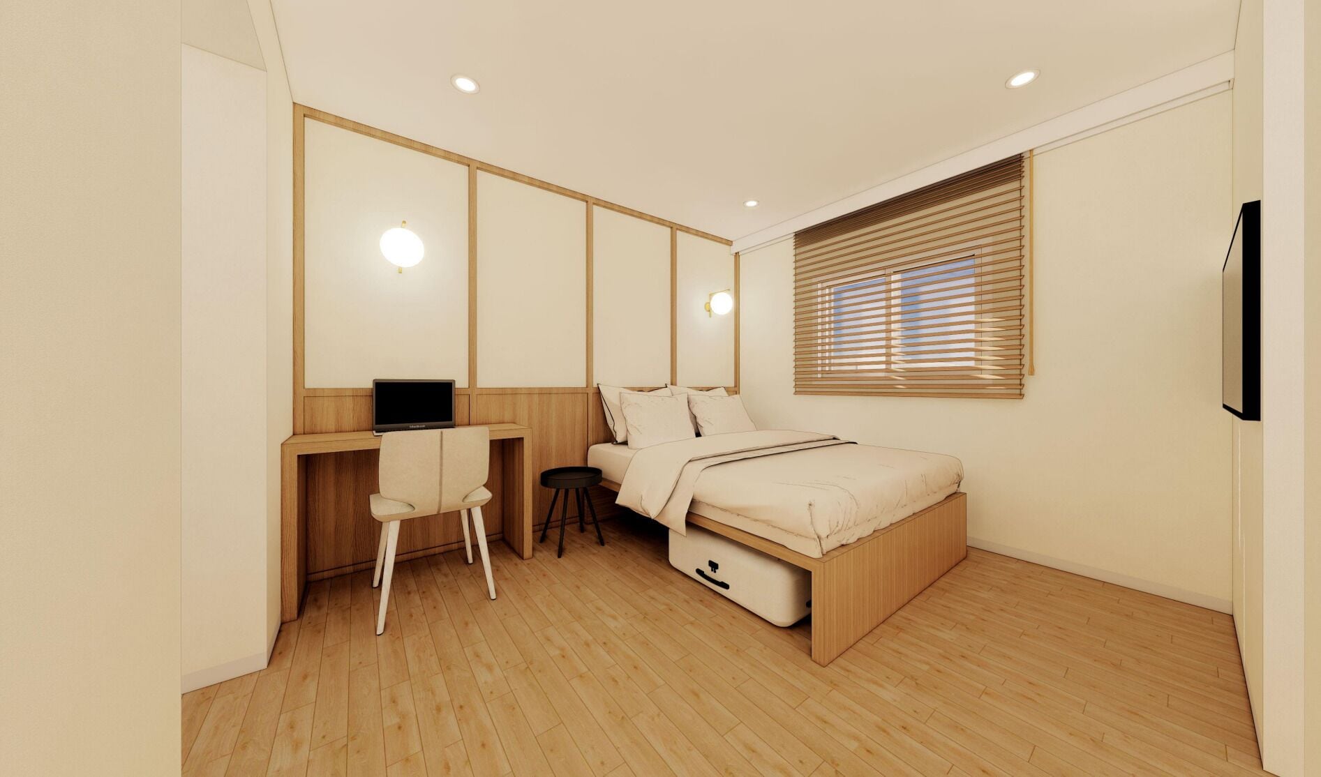 A bedroom with a bed, a desk, a chair, and a TV.