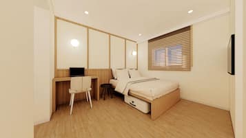 A bedroom with a bed, a desk, a chair, and a TV.