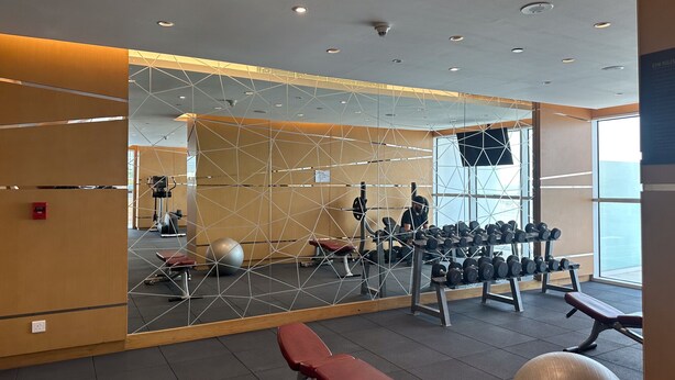 A gym with exercise equipment, a large mirror, and a view of the outside. - Elegant Studio Retreat in Damac Hills (Dubai)
