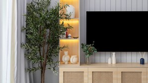 A living room with a large flat-screen TV mounted on a wall, a wooden cabinet with decorative items, and a potted plant. - Elegant Studio Retreat in Damac Hills (Dubai)