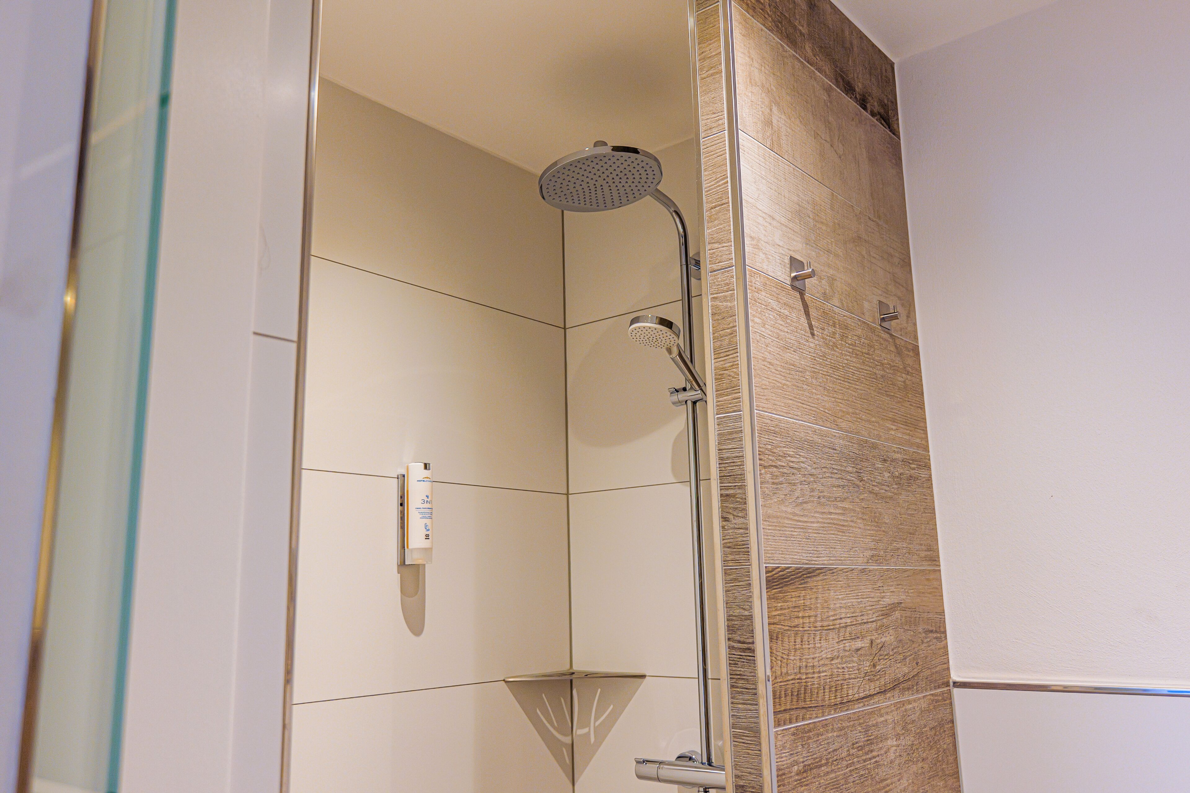 Eine Dusche mit Handbrause und einer fest installierten Bedienfeld.