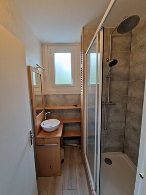 Ein Badezimmer mit einer Duschkabine, einem Waschbecken und einem Fenster über dem Spiegel.