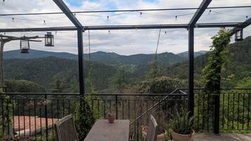 Een terras buiten met een tafel en stoelen, omringd door potplanten en uitzicht op een bergachtig landschap.