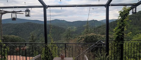 An outdoor patio with a table and chairs, surrounded by potted plants and a view of a mountainous landscape.