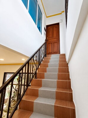 A staircase with alternating brown and grey steps, a wooden door at the top, and a black metal railing.