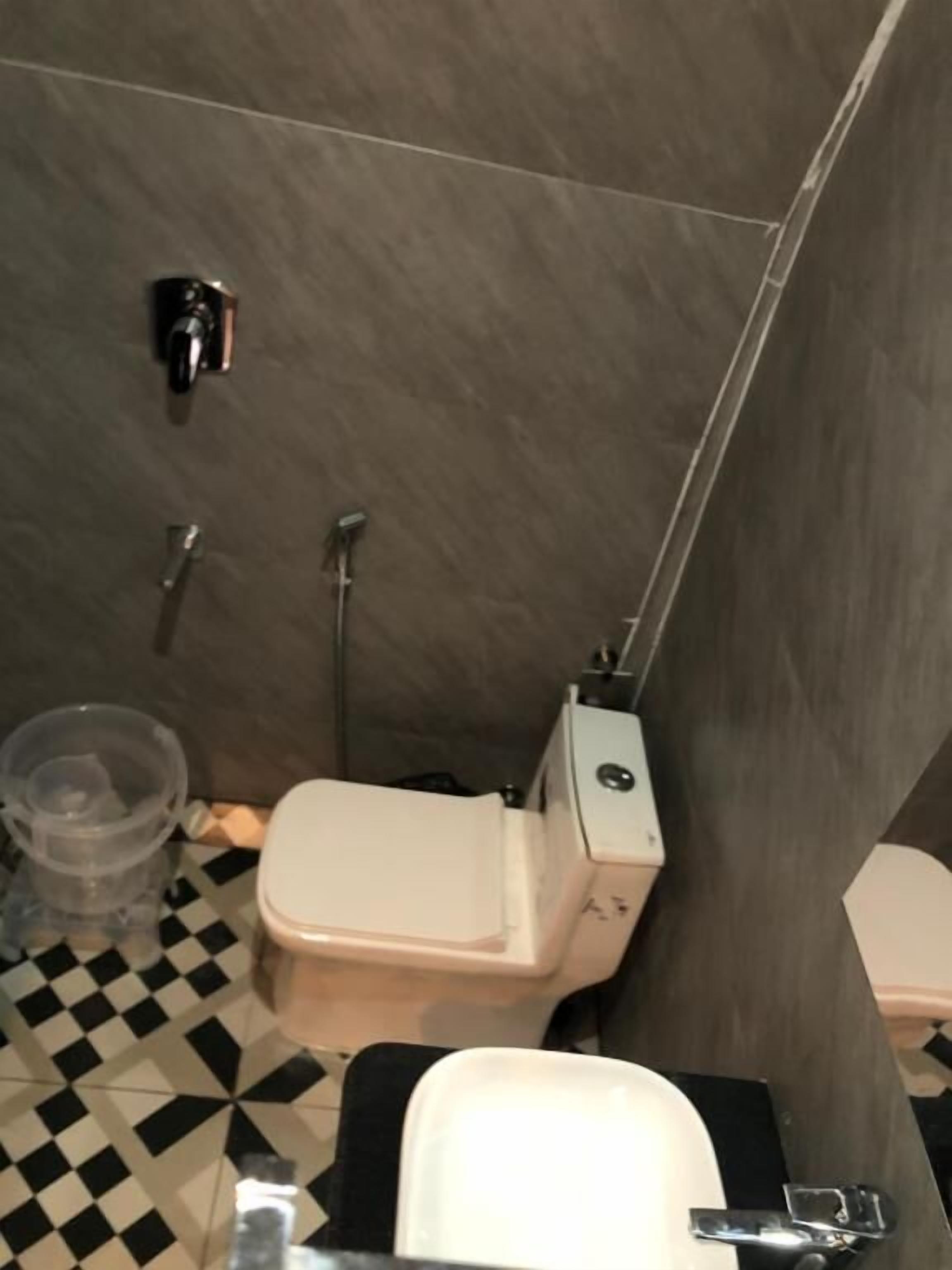 Un baño con inodoro, bidé y ducha.