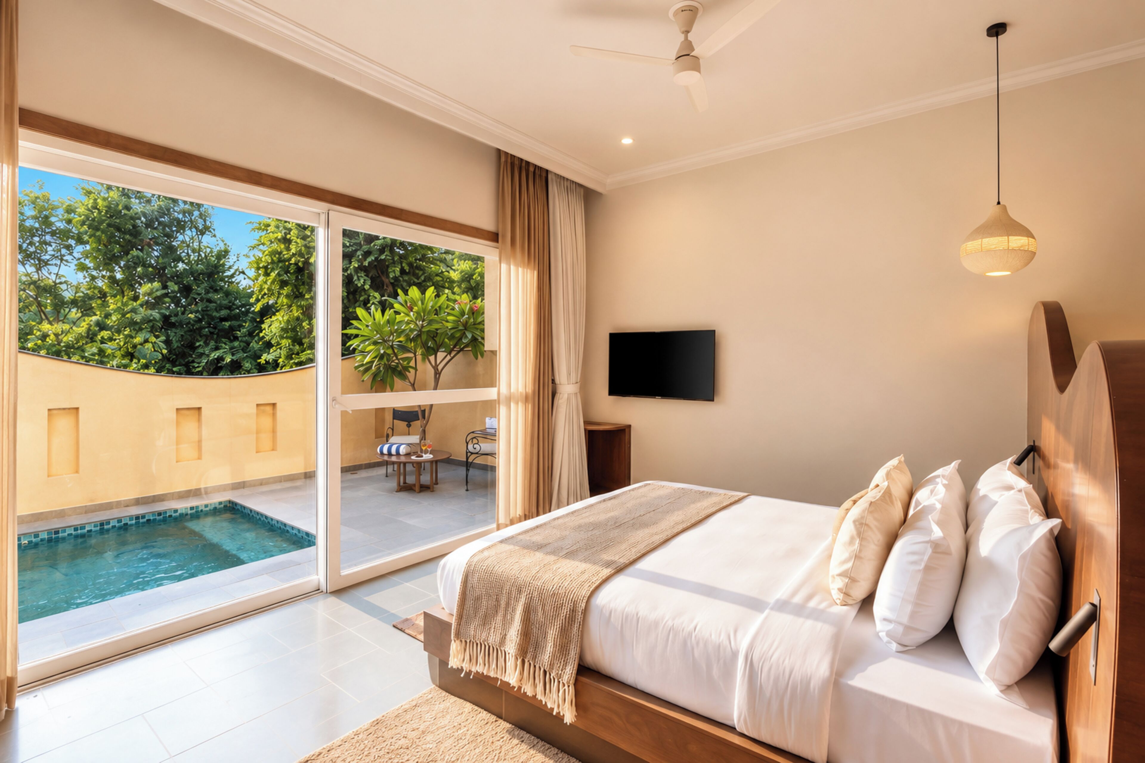 Un dormitorio con una cama grande, un televisor montado en la pared y vista a una piscina a través de un ventanal corredero.