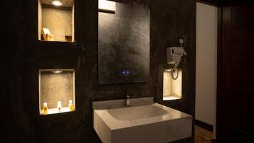 Deluxe Double Room, Patio | Bathroom | Shower, hair dryer, towels, soap