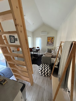 A room with a loft bed, a dining area, and a living space with a couch and a rug.