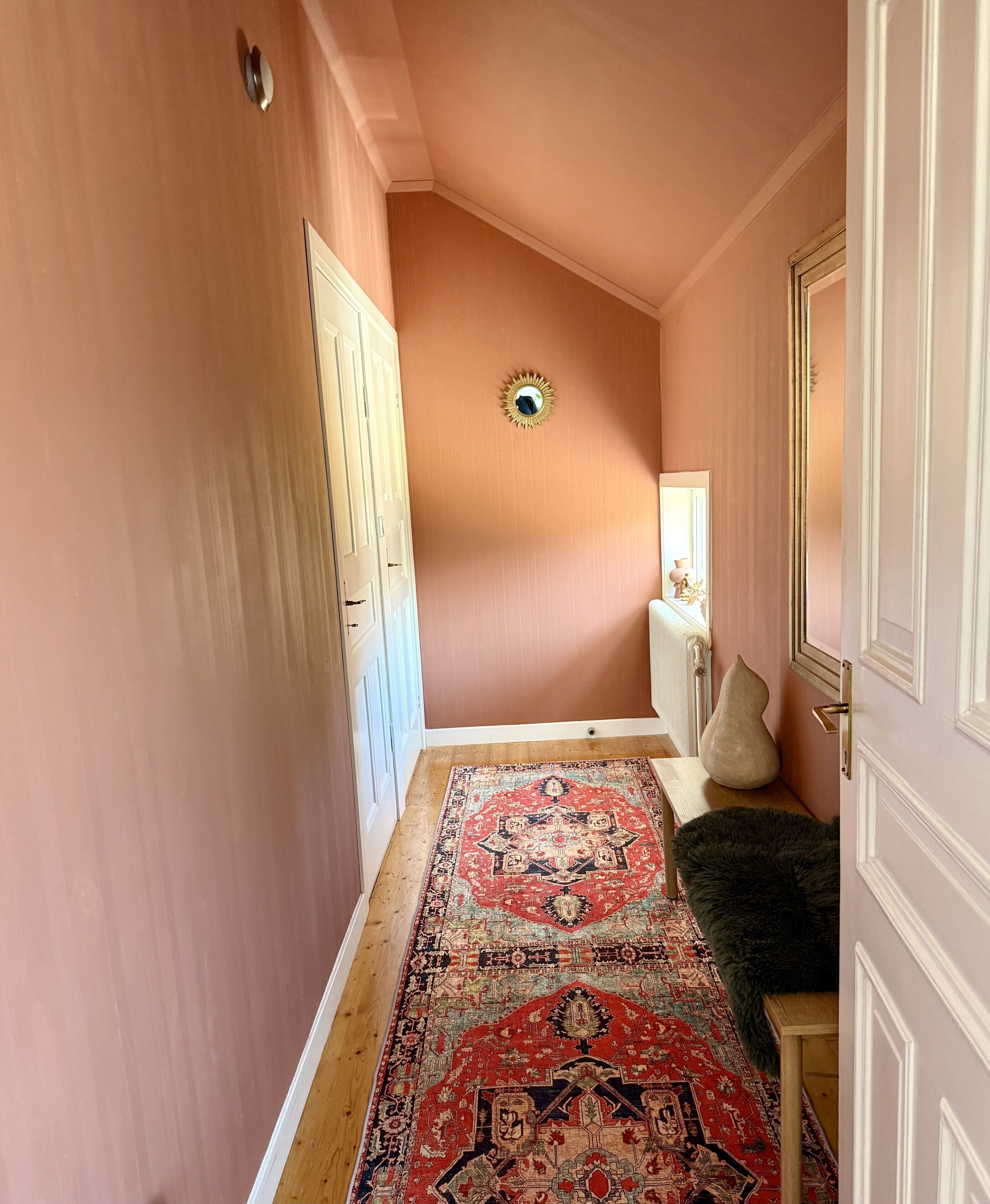 Een gang met een houten vloer, een kamerkleed met een patroon, een deur met een spiegel en een radiator.