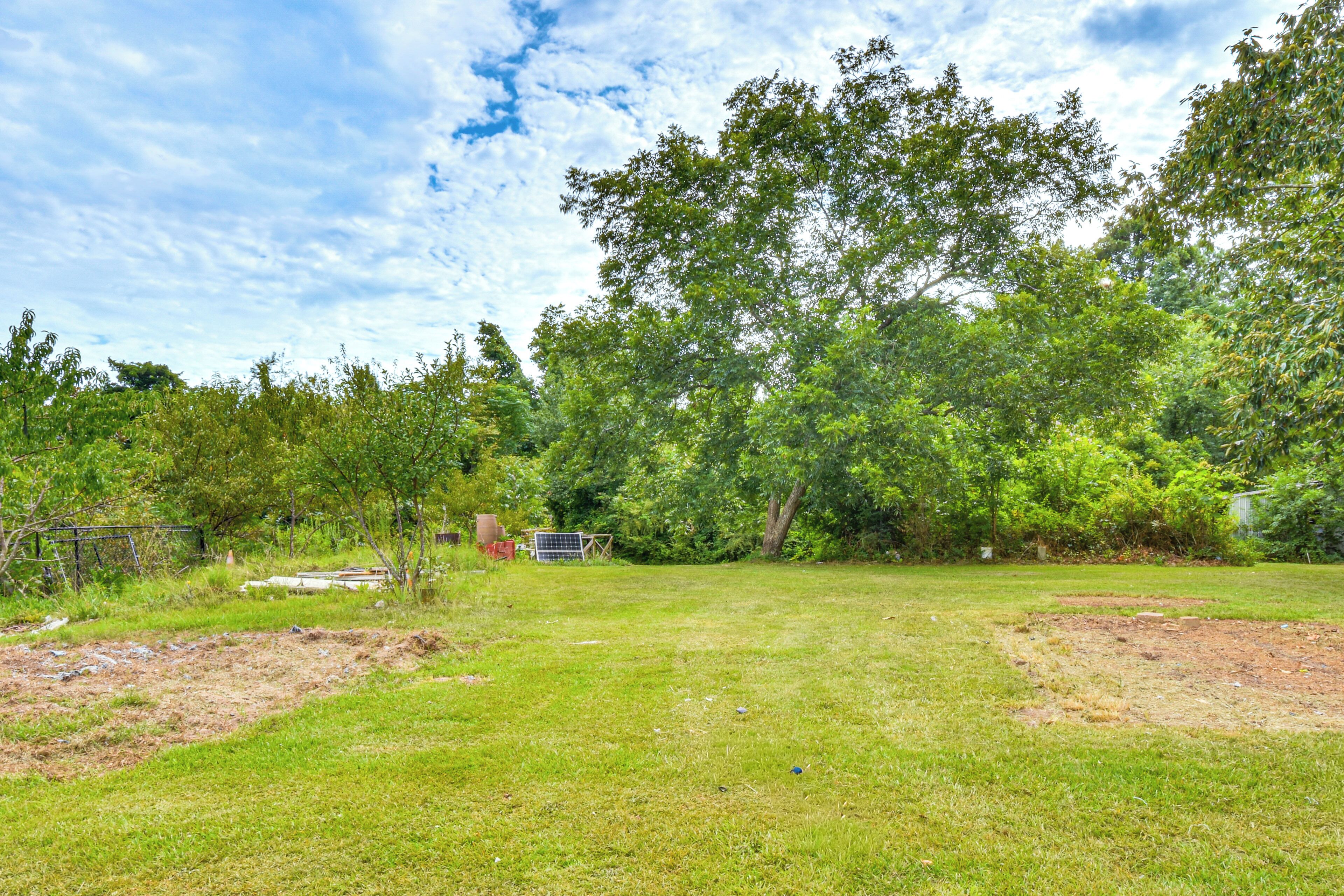 A grassy outdoor area with trees and a solar panel.