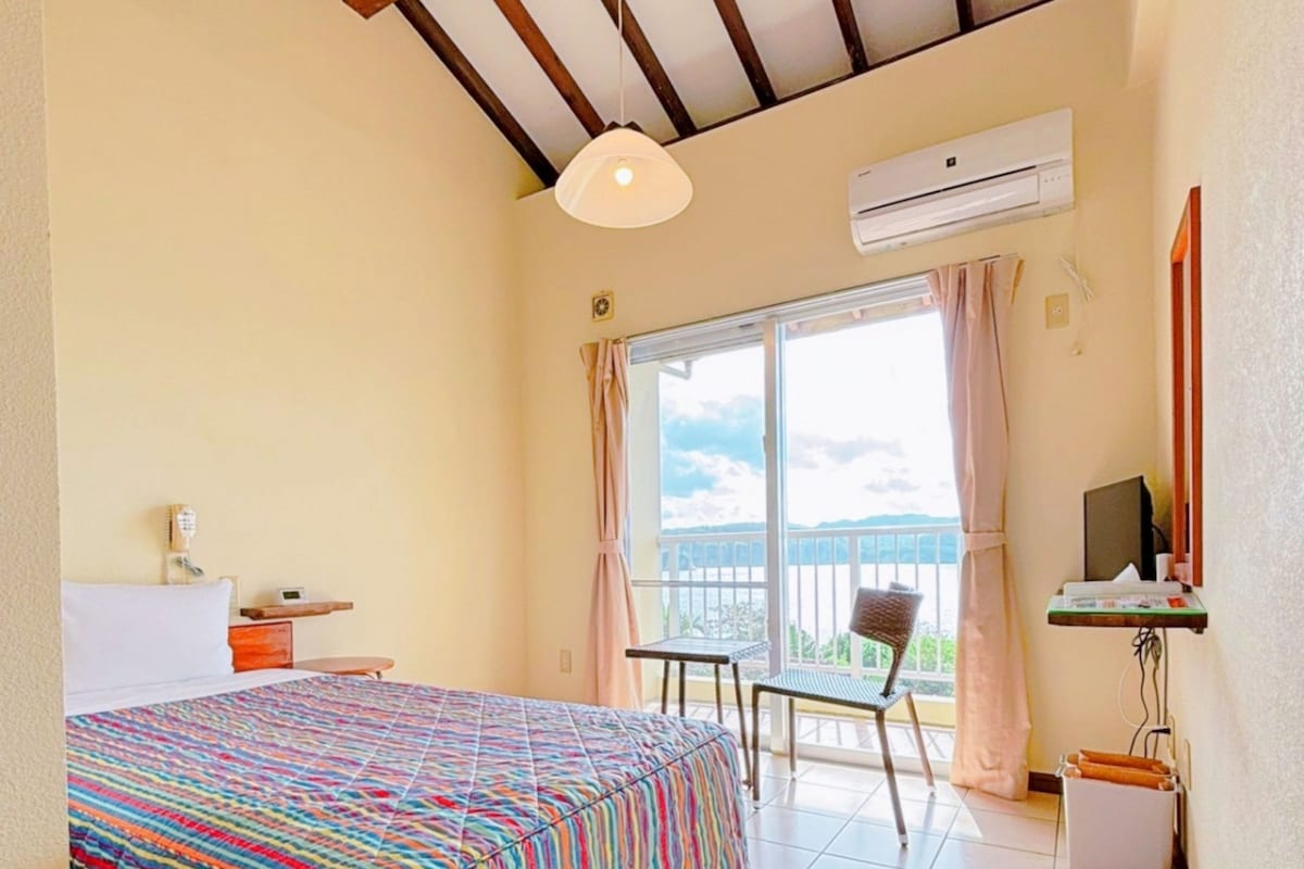 A hotel room with a bed, a desk, an air conditioner, a chair, and a view of the outdoors.