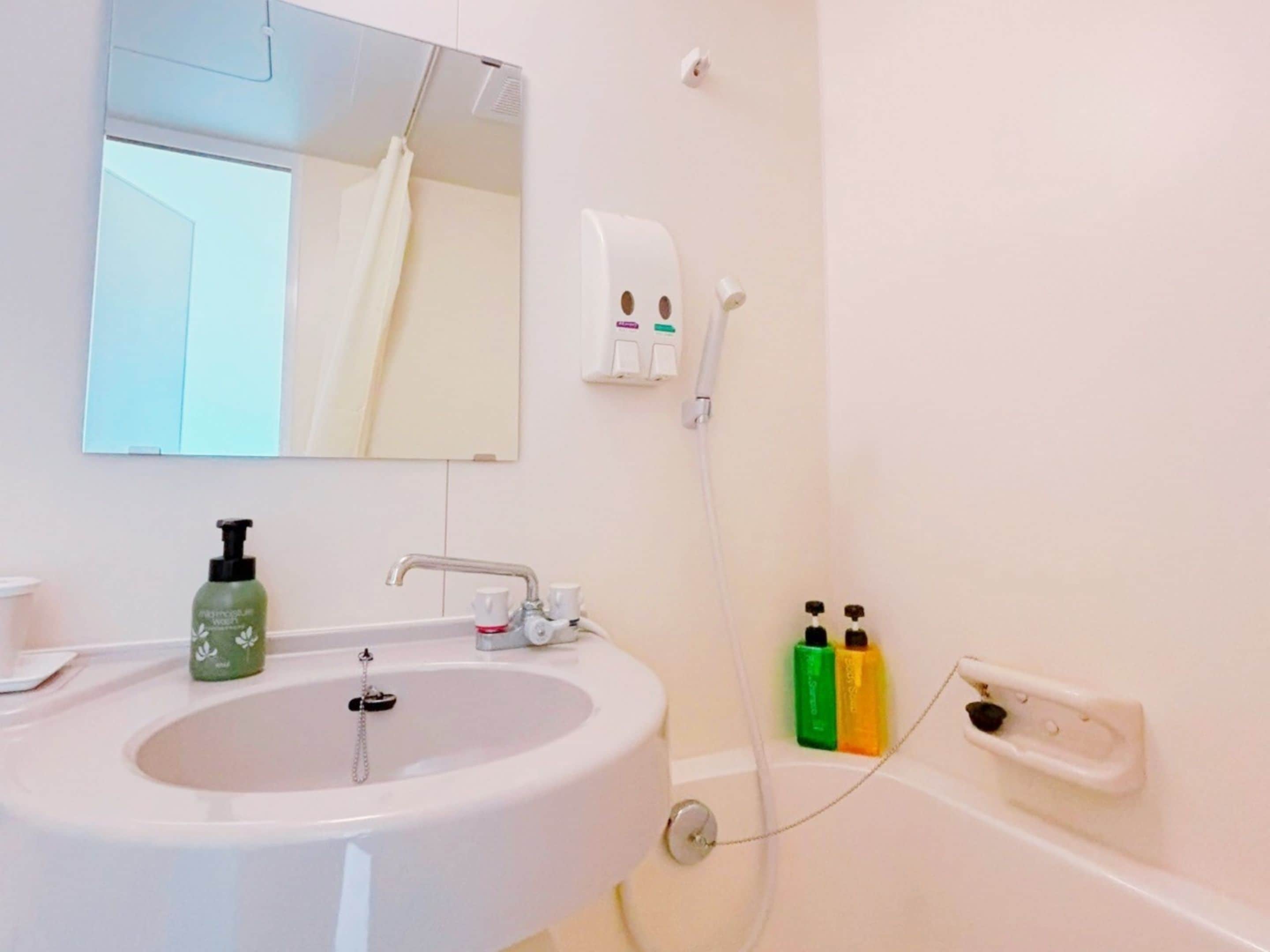 A bathroom with a white sink, a mirror, a shower, and a hand soap dispenser.