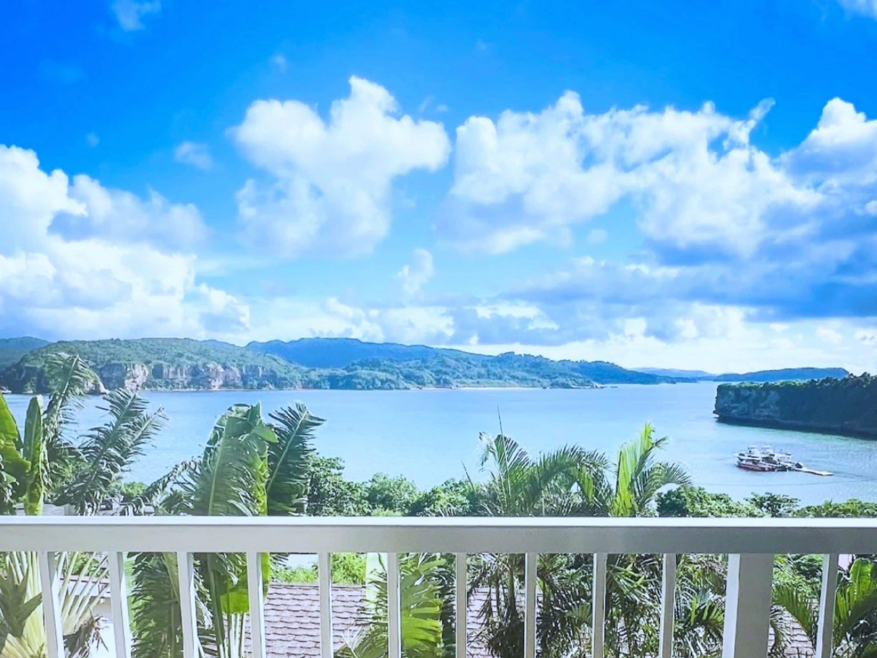 A coastal view with a clear sky, a body of water, and distant mountains.