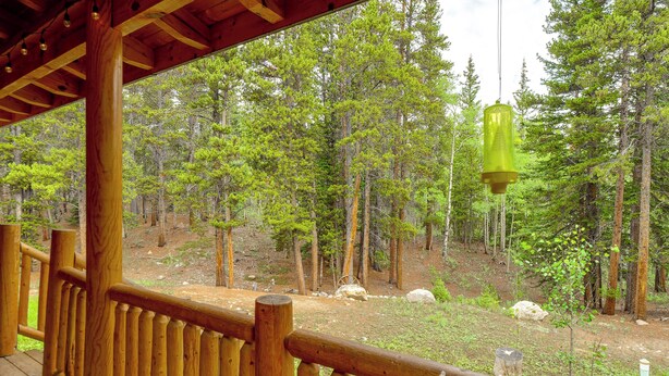 A wooden deck with a view of a forested area. - Pool Table & Peaceful Porch: Fairplay Retreat (Fairplay)