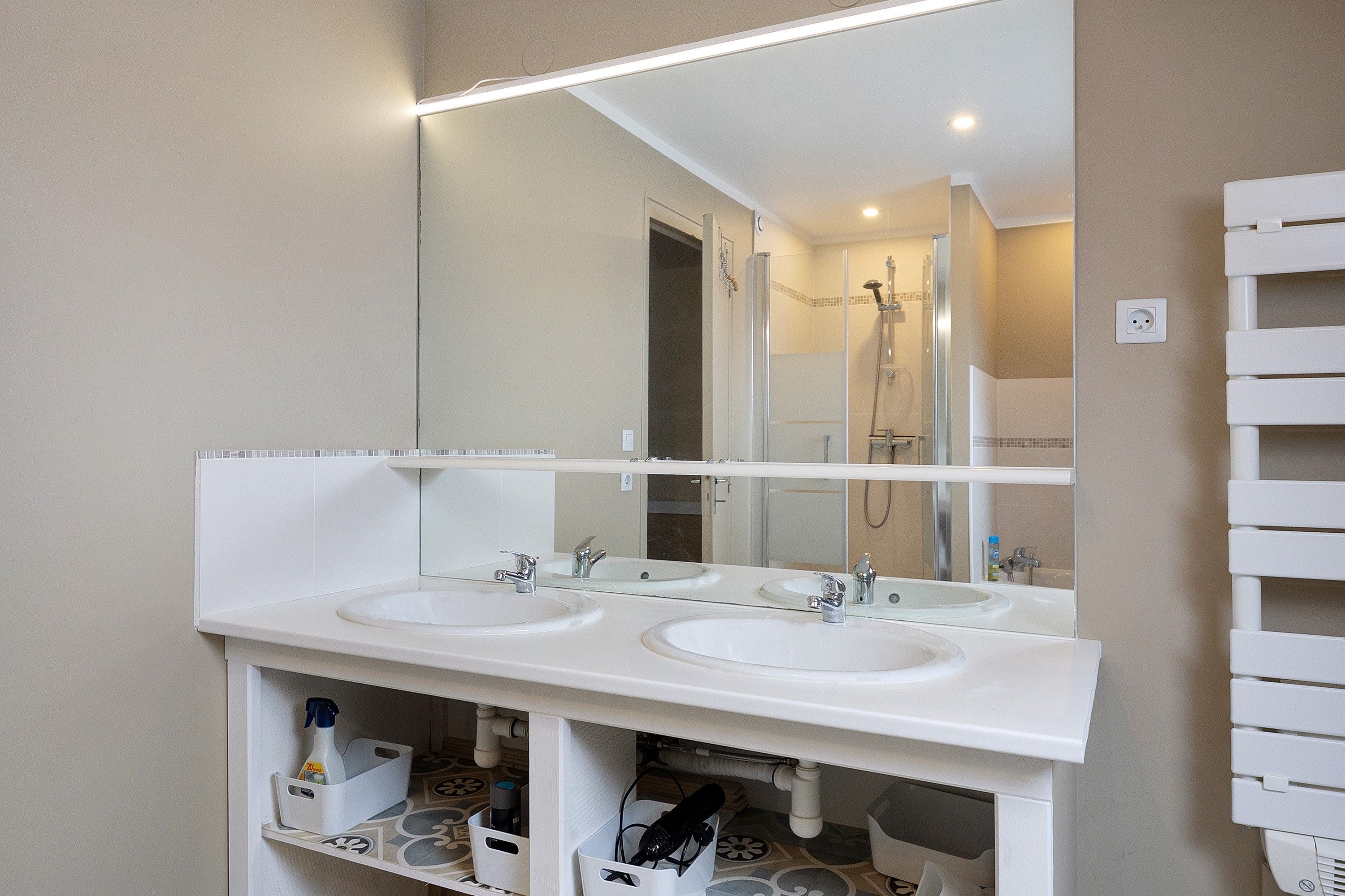 A bathroom with two sinks, a mirror, and a shower.