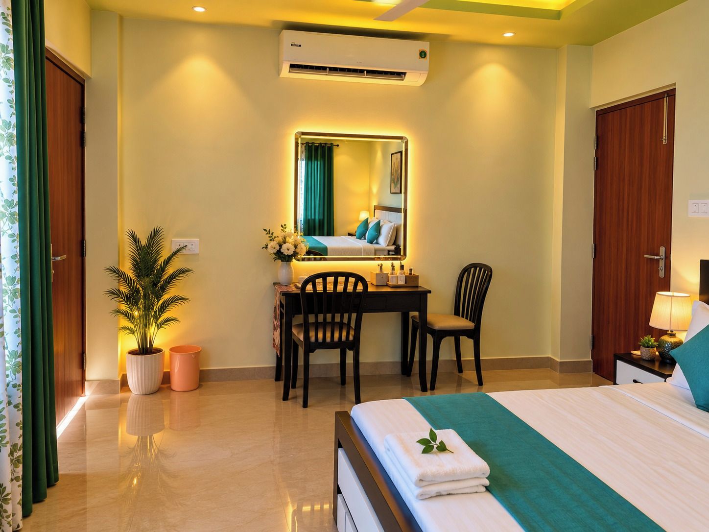 A hotel room with a bed, a desk with chairs, an air conditioner, and a potted plant.