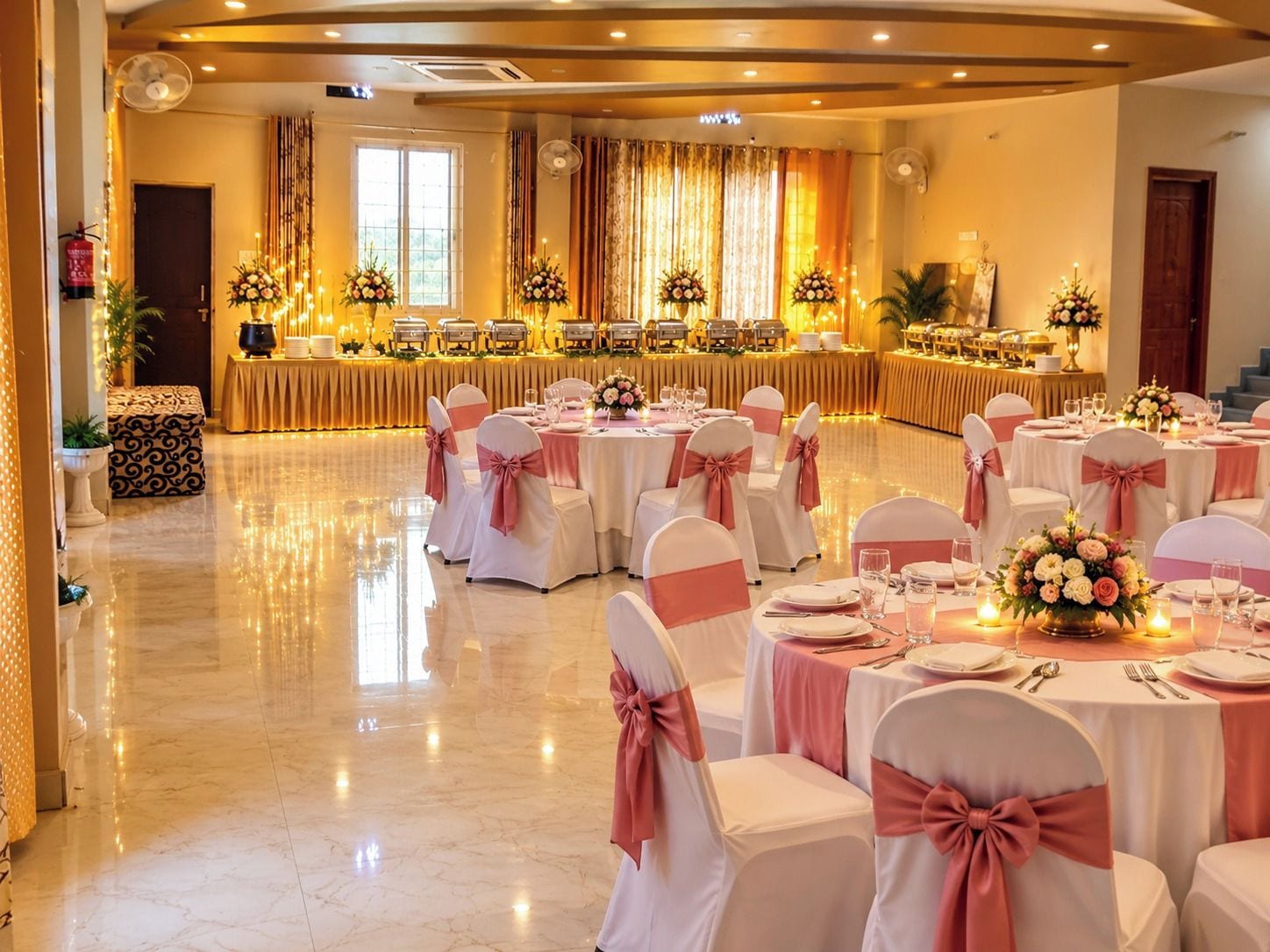 A banquet hall with round tables, chairs with pink sashes, and floral centerpieces.