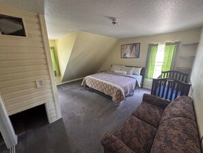 Ein Schlafzimmer mit einem Bett, einem Schlafsofa, einem Fenster mit Vorhängen und einer Tür.