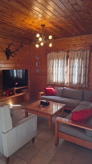 A cozy cabin interior with a wooden ceiling, a mounted deer head, a television, a sofa, and a coffee table.