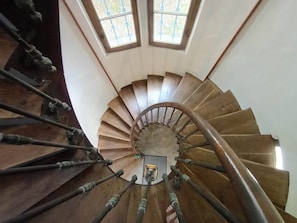 A spiral staircase with a wooden handrail and a metal balustrade.