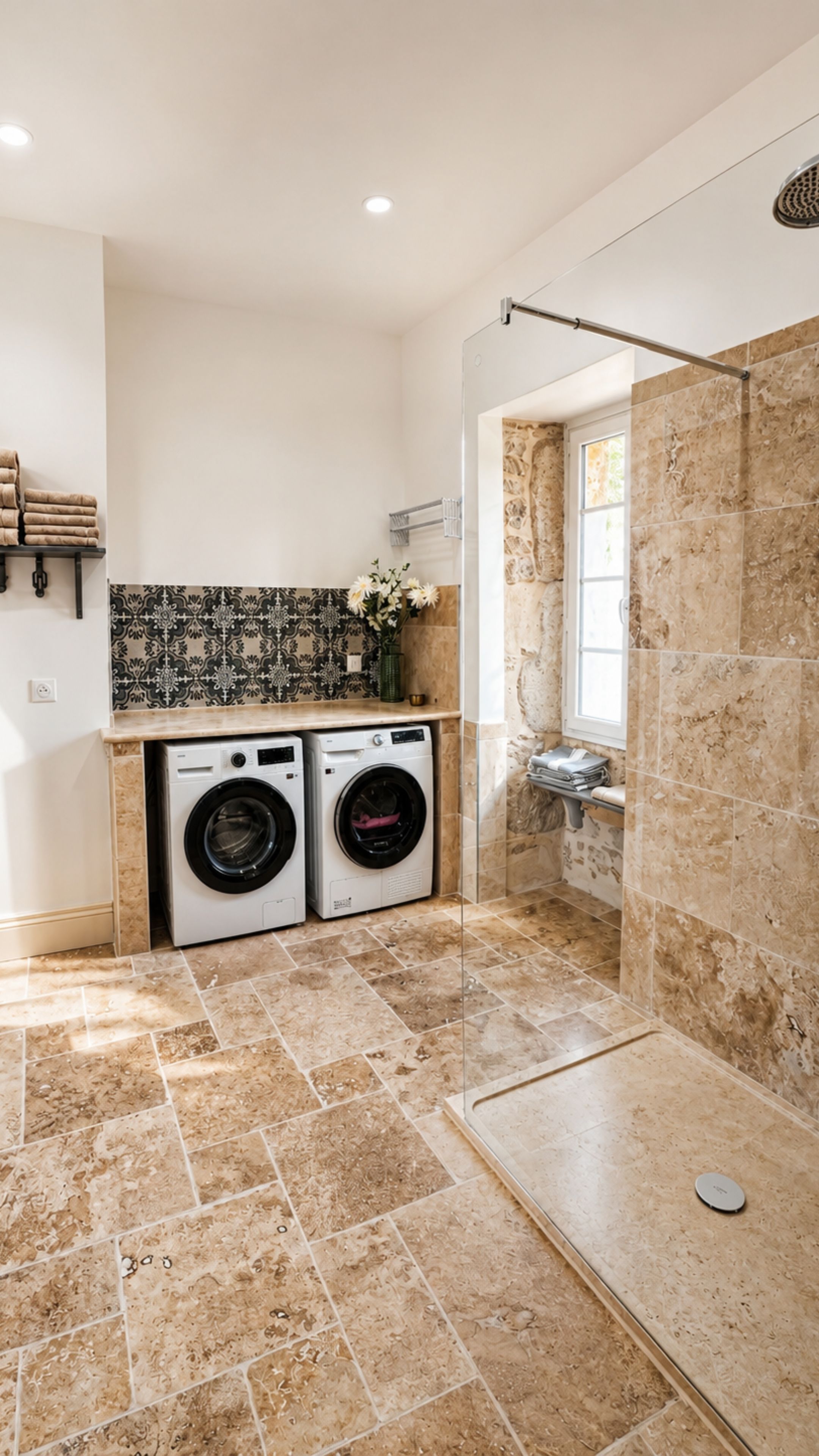 Een moderne badkamer met een douche, twee wasmachines en een betegelde vloer.