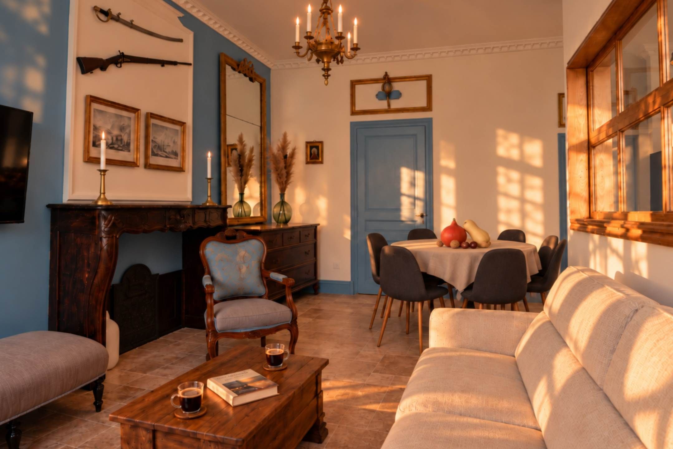 Un salon traditionnel avec une cheminée, un coin repas et un canapé.