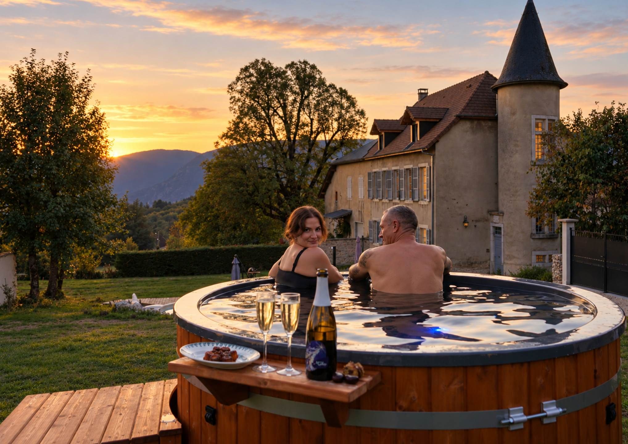 Bain nordique du Rêve Royal au coucher du soleil