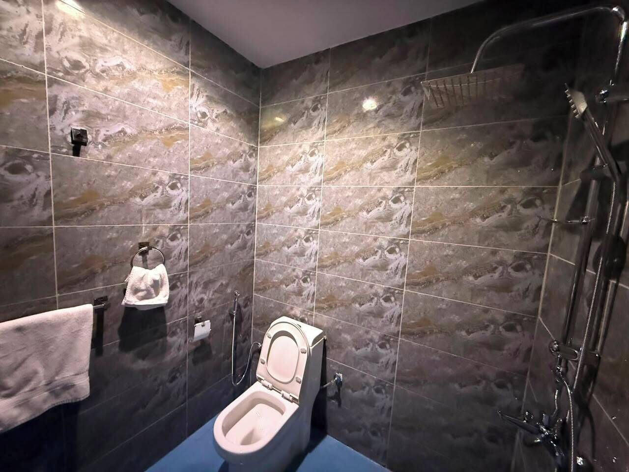Un bagno con il water, una doccia e un portasciugamani.