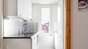 A narrow kitchen with white cabinets, a stainless steel sink, and a view of a red building outside. - Alpine Kajo D4 by Aavalevi (Kittilä)