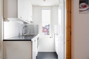 A narrow kitchen with white cabinets, a stainless steel sink, and a view of a red building outside. - Alpine Kajo D4 by Aavalevi (Kittilä)