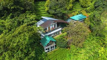A two-story house with a green roof, surrounded by lush greenery and terraced fields.